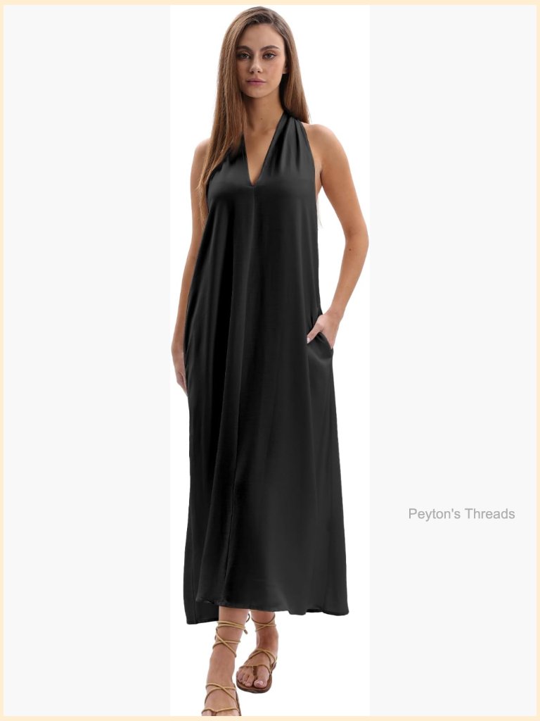 Linen Blend Halter Maxi Dress With Pockets